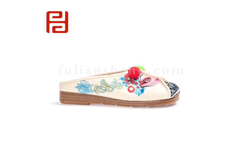 福连升棉麻布古风绣花脸谱女鞋拖鞋图片
